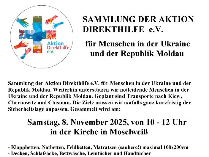 Plakat mit Sammelaufruf mit QR-Code und Nennung aller Hilfsgüter, die gesammelt werden. Links oben das Logo der Aktion Direkthilfe