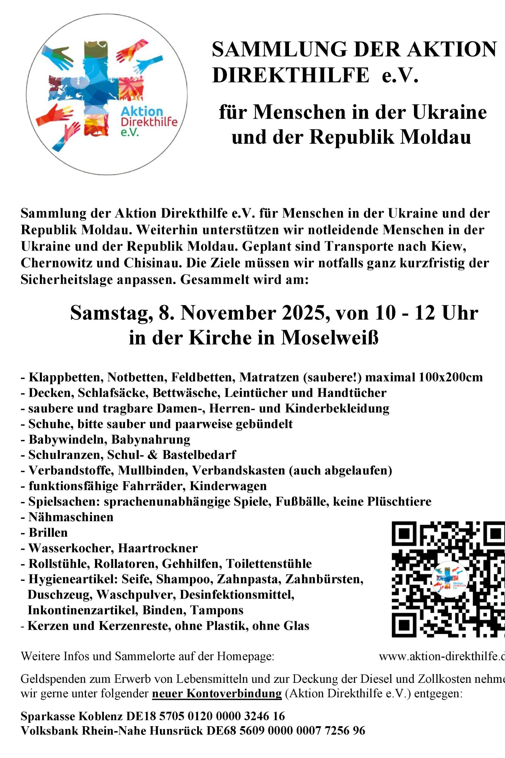 Plakat mit Sammelaufruf mit QR-Code und Nennung aller Hilfsgüter, die gesammelt werden. Links oben das Logo der Aktion Direkthilfe