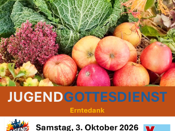 Plakat Jugendgottesdienst 03.10.2026 um 18 Uhr in der St. Laurentius KIrche zu sehen ist auf dem Bild ein Wirsing, Äpfel, Blumen und Zwiebeln