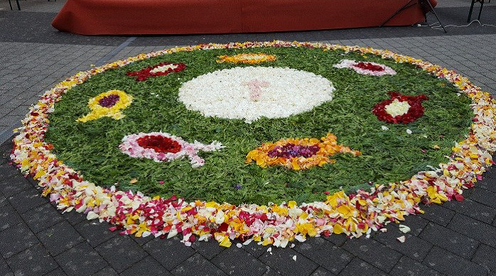 Aus unterschiedlichen Blütenblättern wurde ein runder Blumenteppich hergestellt. In der Mitte wurde aus weißen Blüten eine Hostie mit Kreuz gelegt. Sieben Fische mit unterschiedlichen Blüten und Farben sind in einem grünen Kreis der um die Hostie gelegt wurde eingebettet. Weitere bunte Blütenblätter umringen den grünen Kreis. (c) Melles/ Pfarrei Koblenz St. Aposteln Aus unterschiedlichen Blütenblättern wurde ein runder Blumenteppich hergestellt. In der Mitte wurde aus weißen Blüten eine Hostie mit Kreuz gelegt. Sieben Fische mit unterschiedlichen Blüten und Farben sind in einem grünen Kreis der um die Hostie gelegt wurde eingebettet. Weitere bunte Blütenblätter umringen den grünen Kreis.