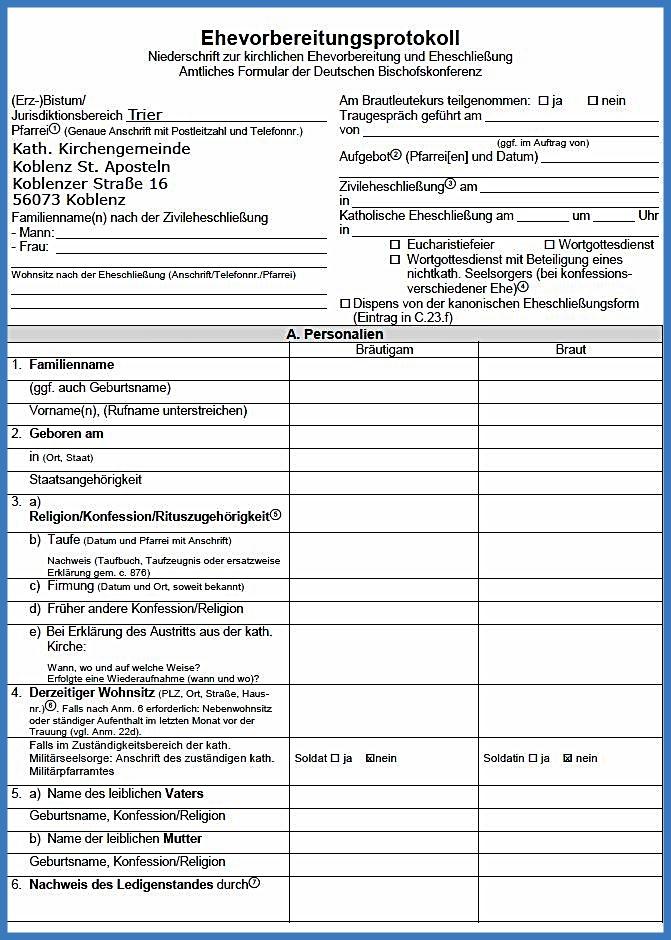 Das Foto zeigt die unausgefüllte erste Seiteeines Ehevorbereitungsprotokolls der Pfarrei Kolenz St. Aposteln