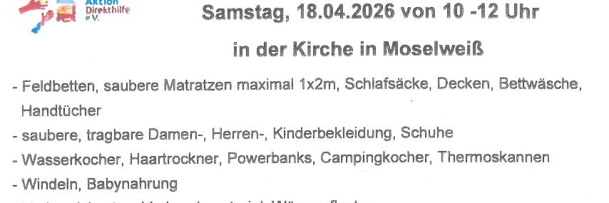 Flyer mit Aufzählung der Hilfsgüter die am 18.04.2026 gesammelt werden