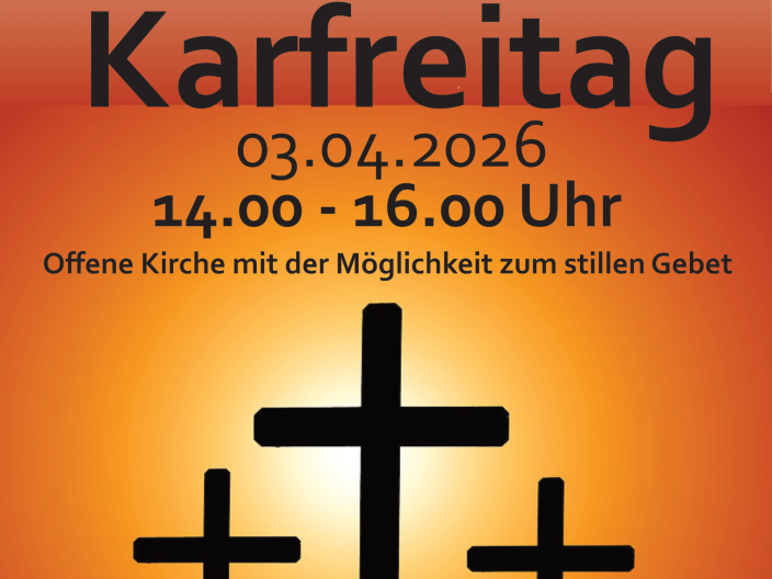 Plakat in rot-orange Tönen gehalten darauf 3 Kreuze zu sehen das mittlere sticht hervor, da es größer ist und im Hintergrund ein heller Lichtschein