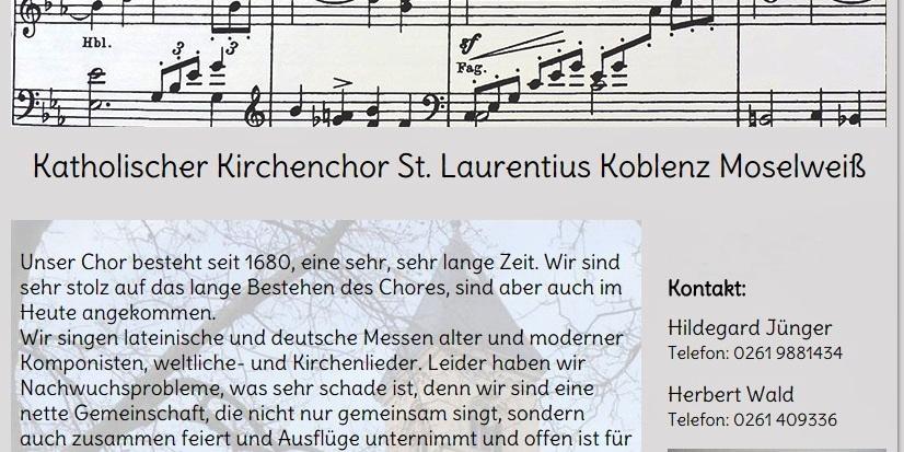 Fotocollage vom Kirchenchor, oben sind Noten, rechts unten ein Bild der Kirche St. Laurentius, sonst Schrift