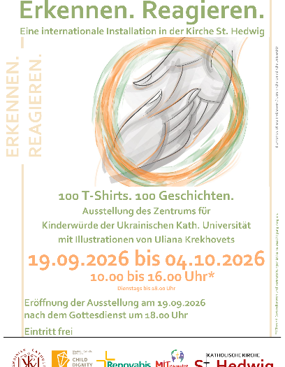 Plakat zur Ausstellung Erkennen. Reagieren Im oberen Drittel wird eine Hand von unten her in eine Hand die von oben entgegenkommt gelegt. es folgen Infos zur Ausstellung