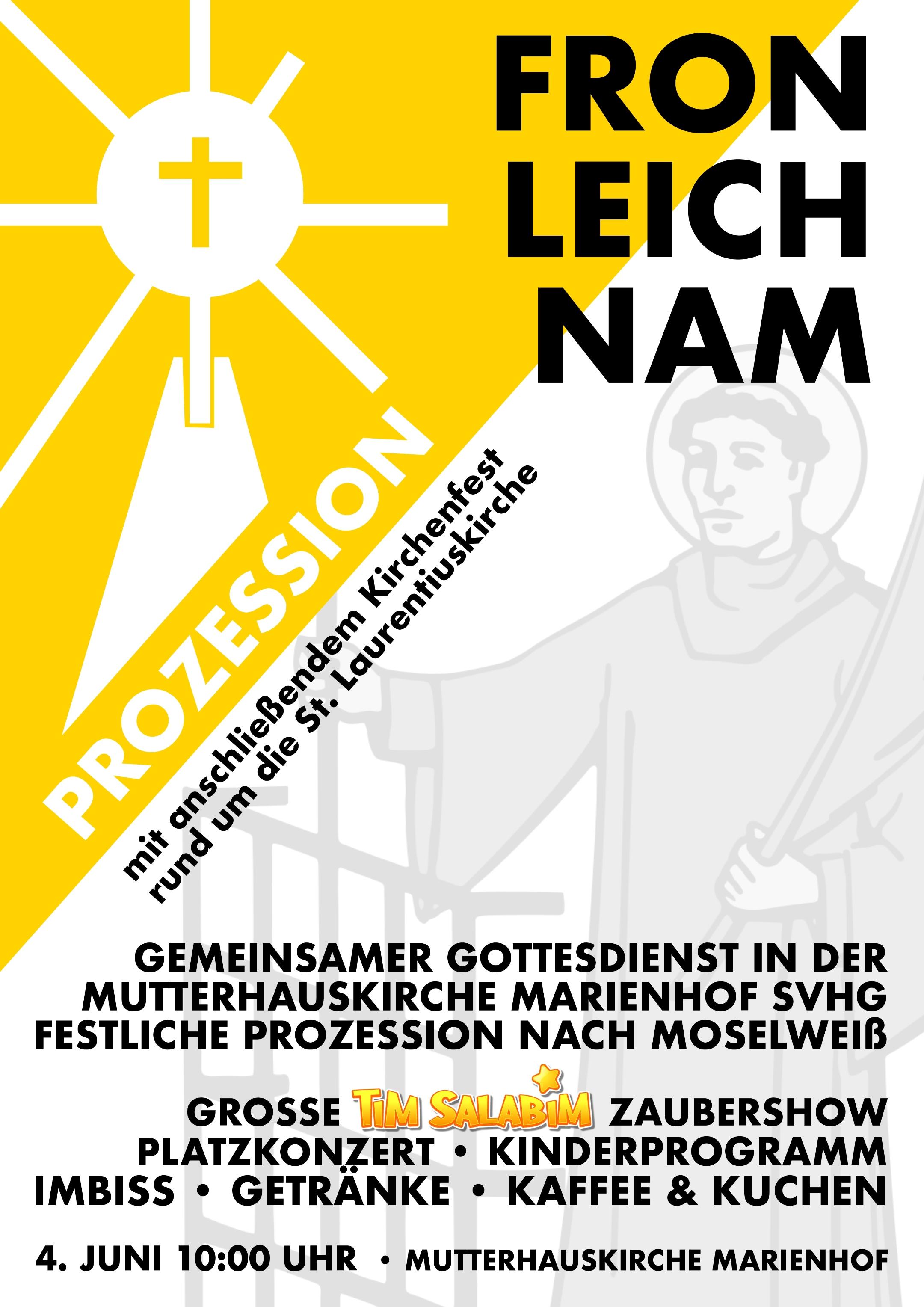 Plakat mit Einladung zur Fronleichnamsprozession 2026 mit Gottesdienst und anschließend Kirchenfest