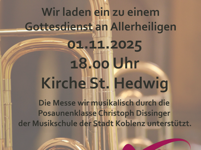 Plakat mit Einladung zu einem Gottesdienst an Allerheiligen in der Kirche St. Hedwig Koblenz am ersten November 2025