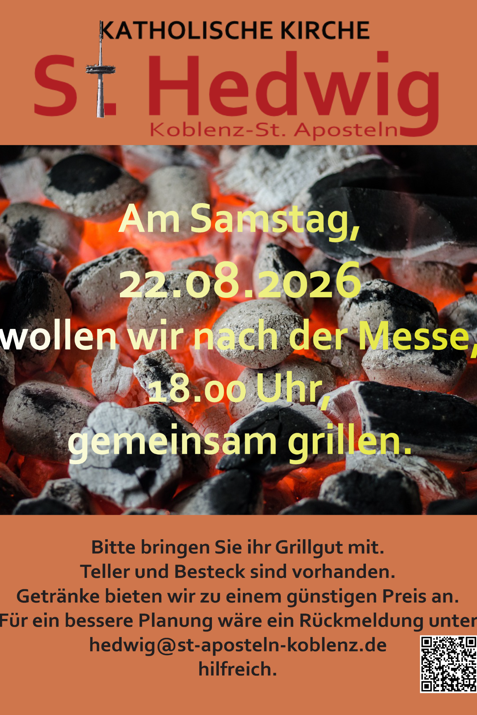 Plakat Einladung zum gemeinsamen grillen in der Mitte ein Fote mit brennender Holzkohle (c) Christof Ott/Pfarrei Koblenz St. Aposteln Plakat Einladung zum gemeinsamen grillen in der Mitte ein Fote mit brennender Holzkohle