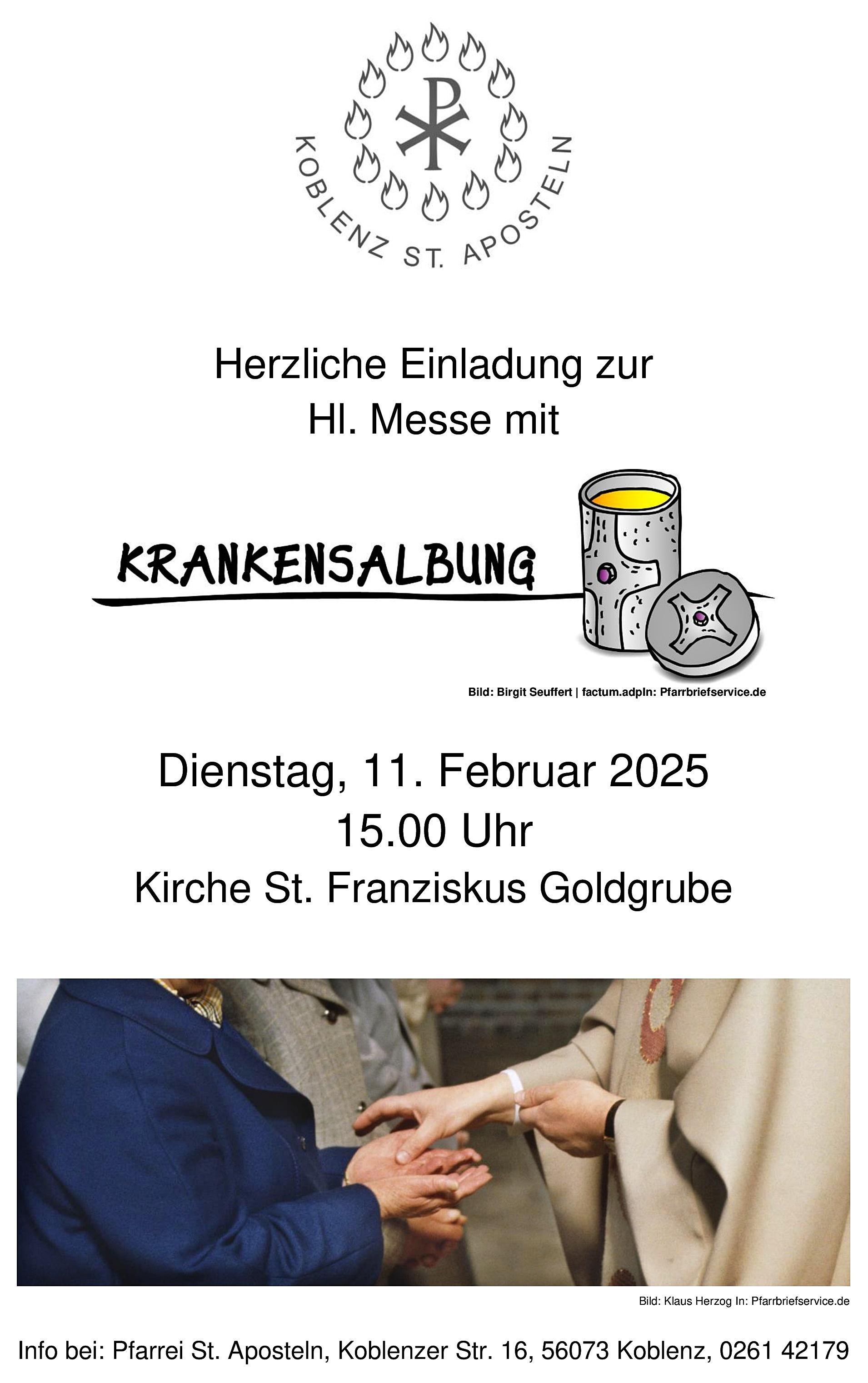 Zu sehen ist ein Plakat mit Terminankündigung des Gottesdienstes zur Krankensalbung, illustriert mit einem gezeichneten Bild einer Borse und einem Foto mit segnenden Händen