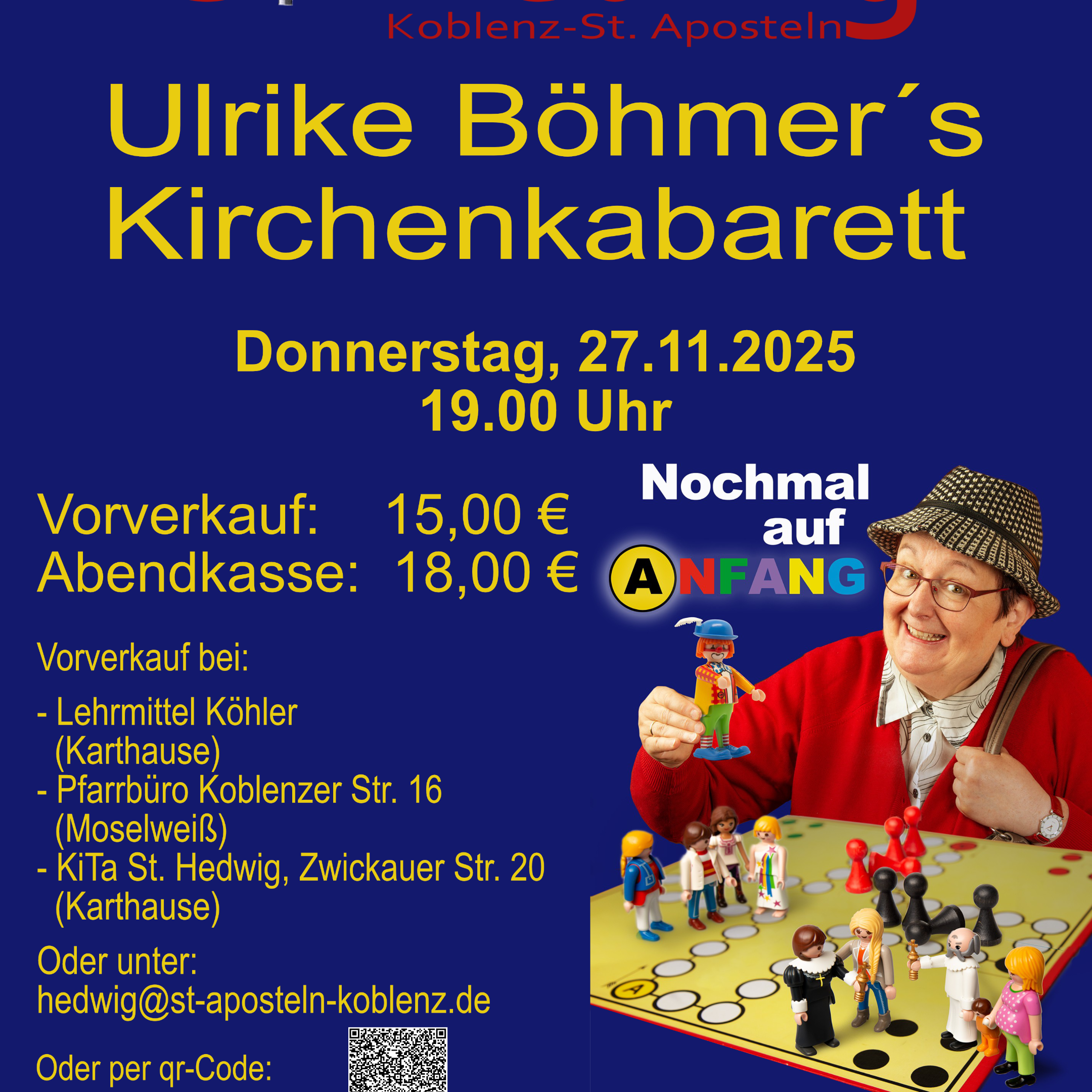 Plakat mit Informationen zu Ulrike Böhmers Kirchenkabarett am 27.11. in der Kirche St. Hedwig mit einem Foto von Ulrike Böhmermann vor einem Spielbrett mit Playmobilfiguren