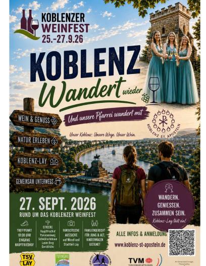 Auf dem Plakat Koblenz wandert wieder sind die Weinmajestätinnen vom Lay vor dem Karolaturm zu sehen, mehrere Wegweiser und Wanderer Wegweiser