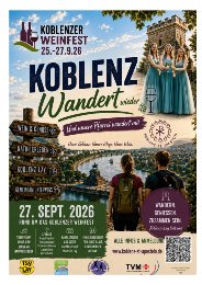 Plakat_UnserePfarreiWandert_27.09.2026 (c) Turnverband Mittelrhein TSV Lay Auf dem Plakat Koblenz wandert wieder sind die Weinmajestätinnen vom Lay vor dem Karolaturm zu sehen, mehrere Wegweiser und Wanderer Wegweiser