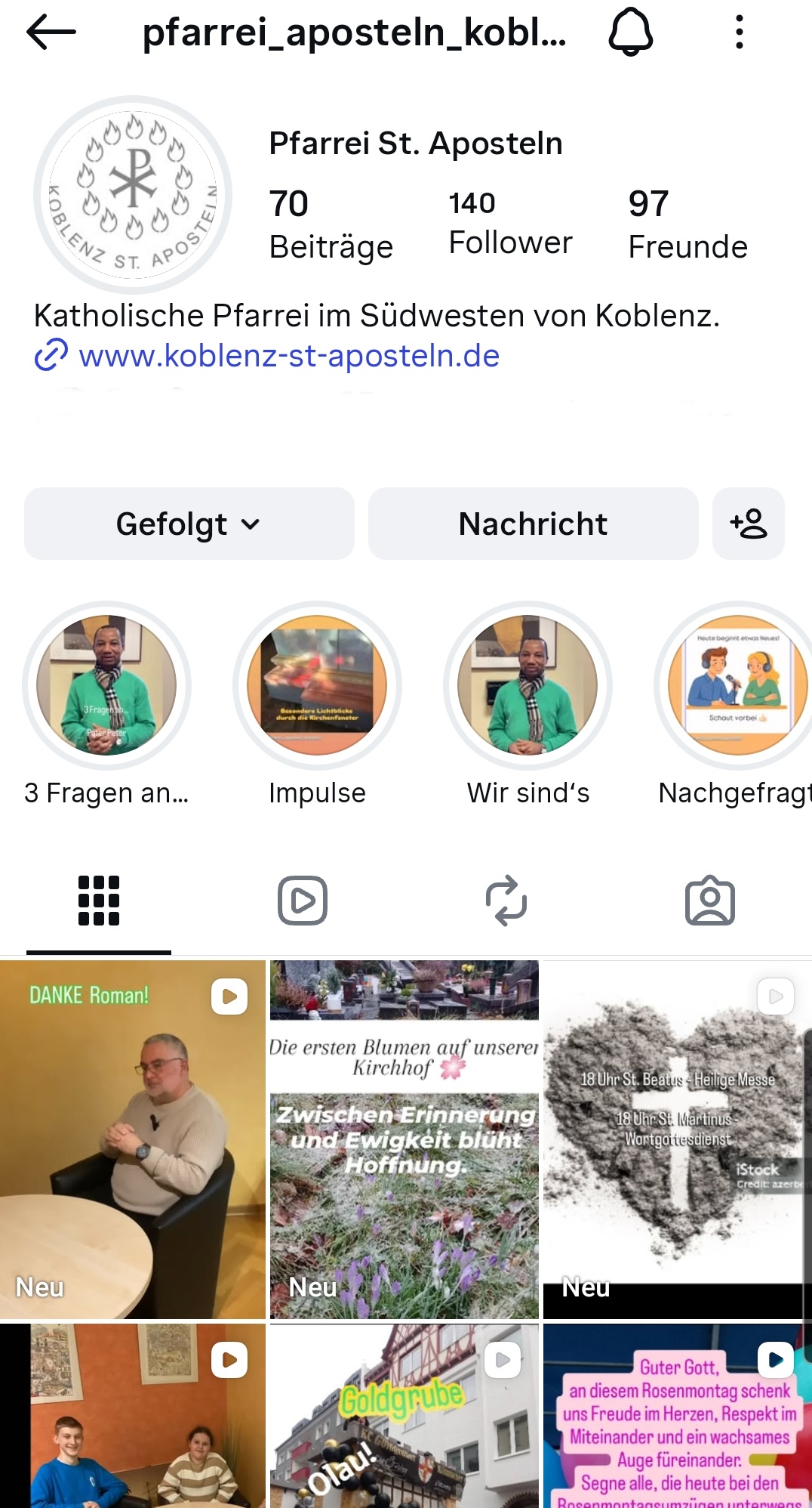 Ein Screenshot vom Handy mit geöffnetem Probil der Pfarrei Koblenz St. Aposteln (c) Pfarrei Koblenz St. Aposteln Ein Screenshot vom Handy mit geöffnetem Probil der Pfarrei Koblenz St. Aposteln