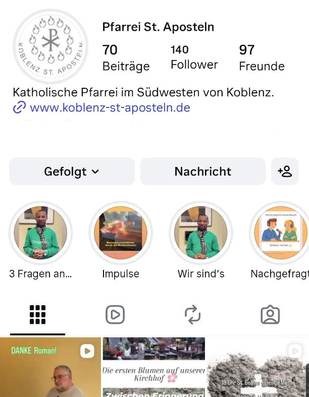 Ein Screenshot vom Handy mit geöffnetem Probil der Pfarrei Koblenz St. Aposteln (c) Pfarrei Koblenz St. Aposteln Ein Screenshot vom Handy mit geöffnetem Probil der Pfarrei Koblenz St. Aposteln