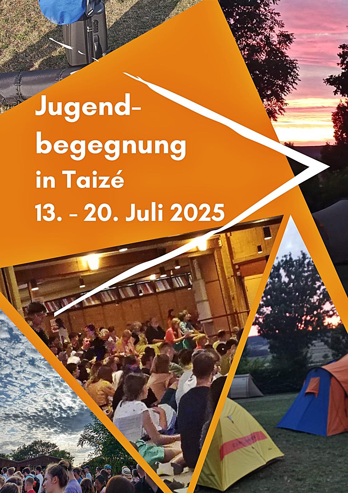 orangenes Plakat mit Werbung für Taizefahrt Juli 2025 und einigen Impressionen von Taize