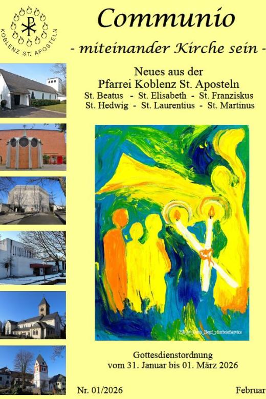 Das Titelbild des Pfarrbriefs der Pfarrei Koblenz St. Aposteln der Ausgabe Februar 2026, links in einer Spalte übereinander kleine Bilder der sechs Kirchen der Pfarrei, Hintergrund ist gelb, das Titelbild ist ein Gemälde, das einen Engel darstellt, der zwei brennende Kerzen als Kreuz hält und darunter drei Personen. Sowohl Engel wie auch Personen sind nur als Umrisse ohne Details gemalt, in gelb und organe