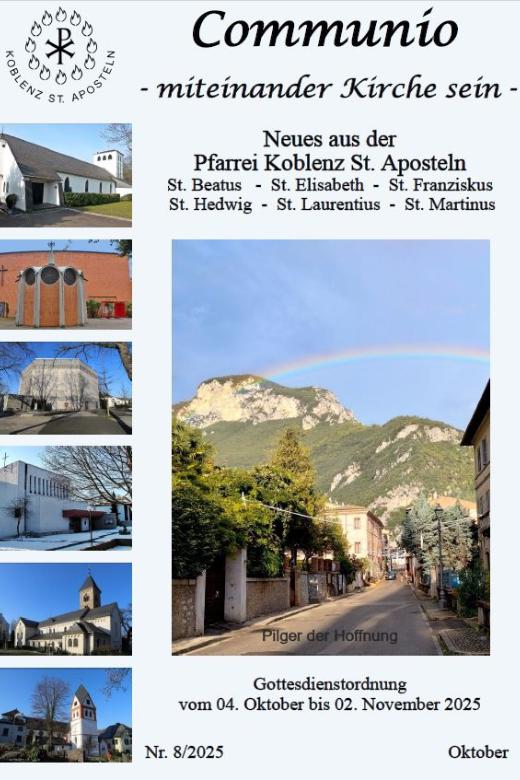 Titel des Pfarrbriefs Koblenz St. Aposteln Oktober 2025, er zeigt neben kleinen Fotos der sechs Kirchen der Pfarrei eine Straße die zu einem Berg führt, dahinter ein Regenbogen
