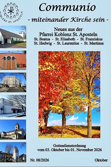 Titelbild des Pfarrbriefs Communio Oktober 2026 der Pfarrei Koblenz St. Aposteln, im Fokus ein großes Foto von drei Bäumen mit bunten Herbstlaub