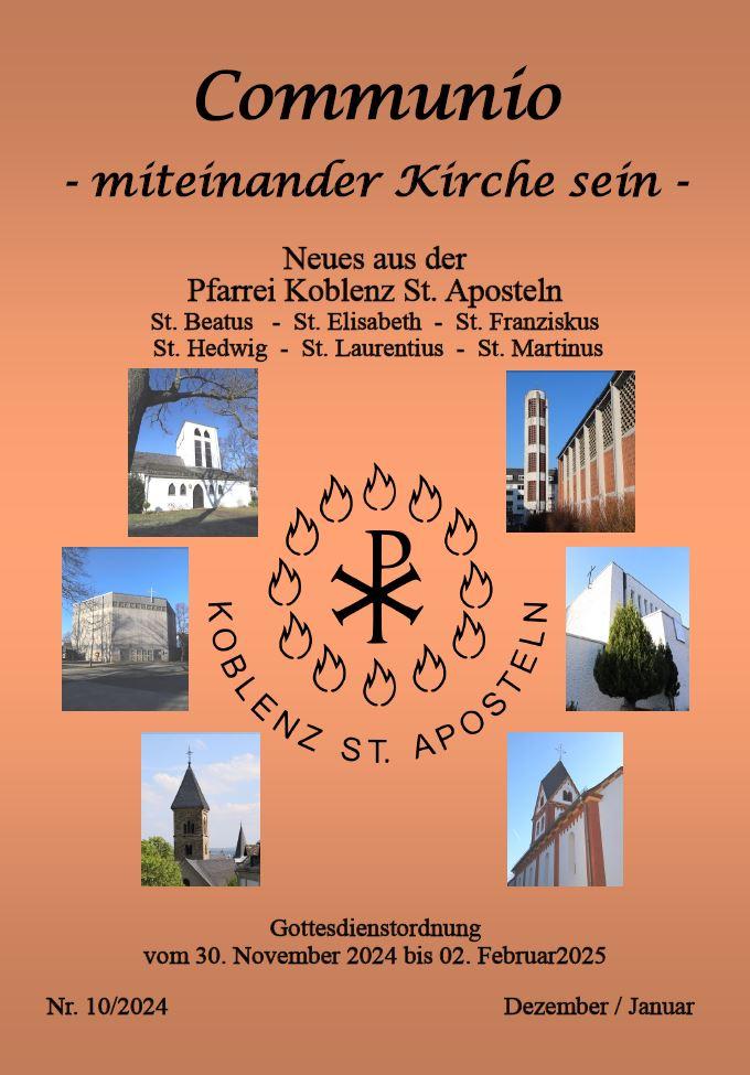 Deckblatt des Pfarrbriefs Nr. 10 2024 Pfarrei Koblenz St. Aposteln, auf rostbraunem Hintergrund ist in der Mitte das Logo der Pfarrei und kreisförmig drumherum sind 6 kleine Bilder der Kirchen