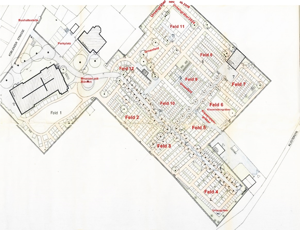 ein gezeichneter Friedhofsplan, auf dem man die Lage der Grabfelder, der Wege, der Verkehrsanbindung und des Kirche sehen kann