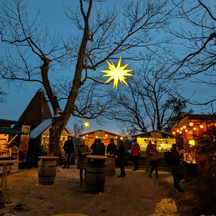 Man sieht einen gut besuchten Weihnachtsmarkt mit Beleuchtung und Ständen